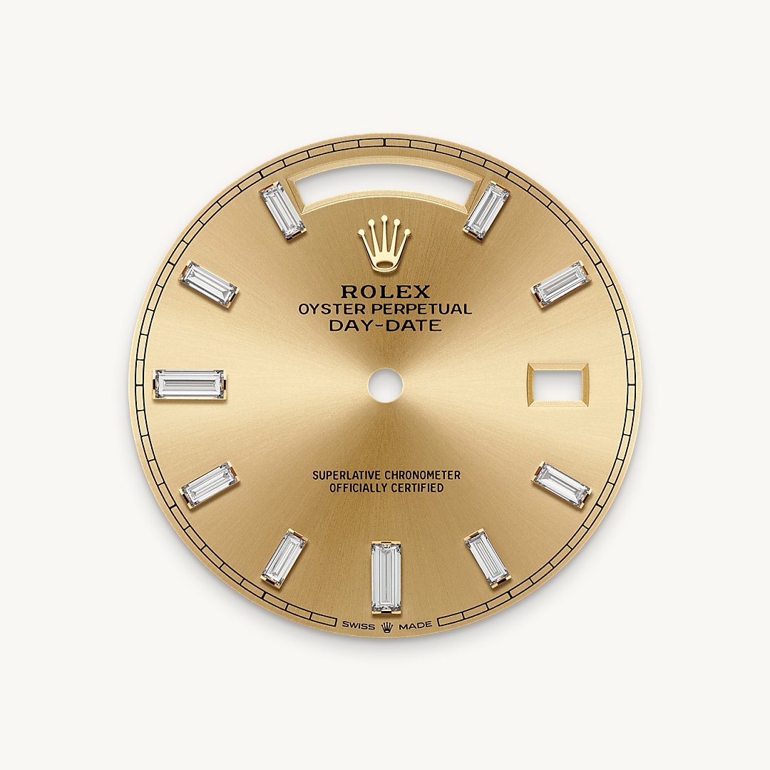 This dial features 10 baguette-cut diamonds. The sunray finish creates delicate light reflections on many dials in the Oyster Perpetual collection. It is obtained using masterful brushing techniques that create grooves running outwards from the centre of the dial. Light is diffused consistently along each engraving, creating a characteristic subtle glow that moves depending on the position of the wrist. Once the sunray finish has been completed, the dial colour is applied using Physical Vapour Deposition or electroplating. A light coat of varnish gives the dial its final look.