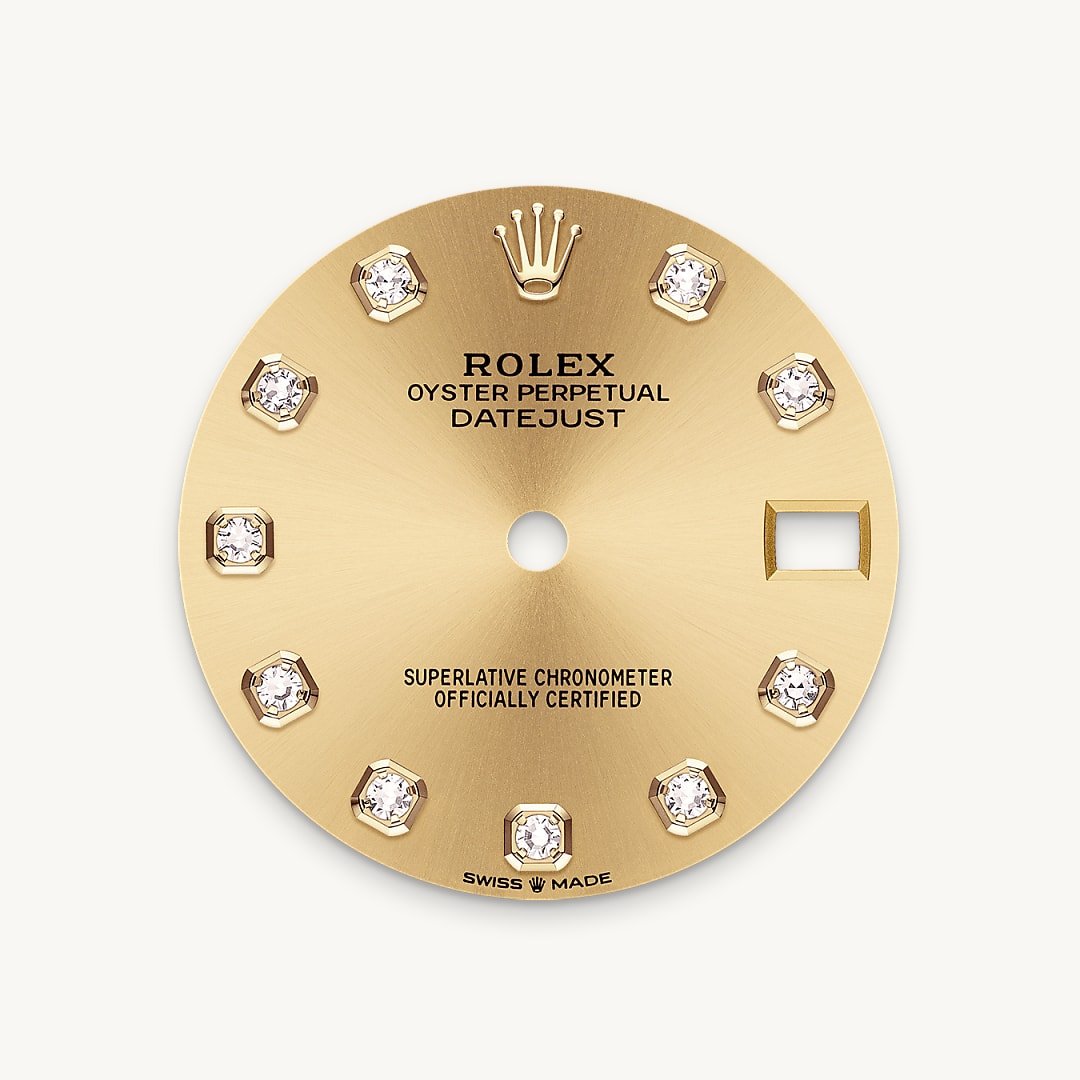 This dial features diamonds in 18 ct gold settings. The sunray finish creates delicate light reflections on many dials in the Oyster Perpetual collection. It is obtained using masterful brushing techniques that create grooves running outwards from the centre of the dial. Light is diffused consistently along each engraving, creating a characteristic subtle glow that moves depending on the position of the wrist. Once the sunray finish has been completed, the dial colour is applied using Physical Vapour Deposition or electroplating. A light coat of varnish gives the dial its final look.