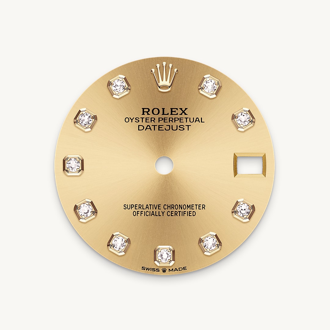 This dial features diamonds in 18 ct gold settings. The sunray finish creates delicate light reflections on many dials in the Oyster Perpetual collection. It is obtained using masterful brushing techniques that create grooves running outwards from the centre of the dial. Light is diffused consistently along each engraving, creating a characteristic subtle glow that moves depending on the position of the wrist. Once the sunray finish has been completed, the dial colour is applied using Physical Vapour Deposition or electroplating. A light coat of varnish gives the dial its final look.