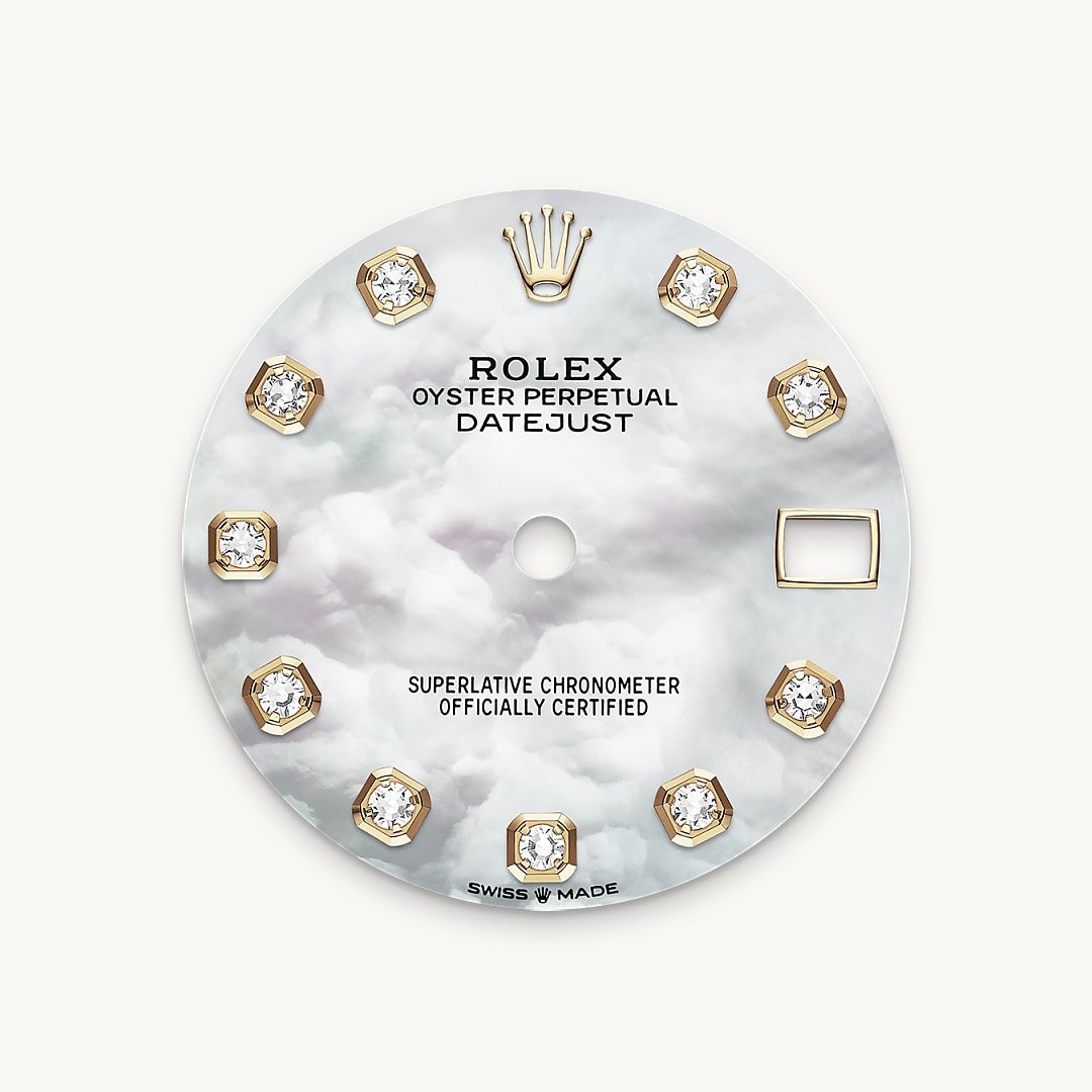 This dial features diamonds in 18 ct gold settings. Mother-of-pearl is by its nature full of mystery and surprises. Depending on its origin, it can be pink, white, black or yellow. It differs in colour, intensity and structure according to the part of the shell from which it is extracted. At Rolex, mother-of-pearl is never artificially coloured. Instead, particular know-how and skill are devoted to simply highlighting its natural beauty and preserving the original hues. As all mother-of-pearl dials are unique pieces, an identical dial will never be found on another wrist.