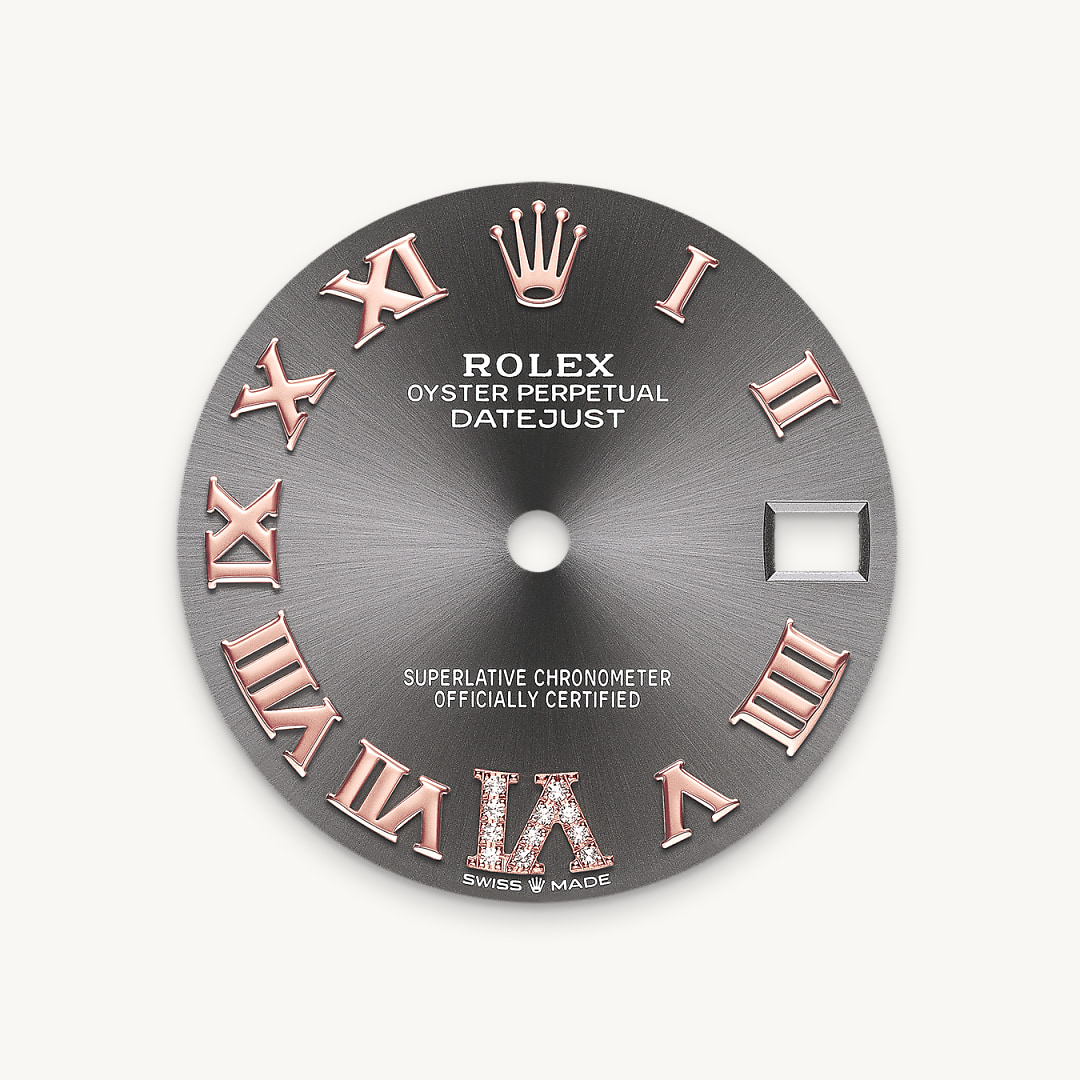 This dial features a large VI set with 11 diamonds. The sunray finish creates delicate light reflections on many dials in the Oyster Perpetual collection. It is obtained using masterful brushing techniques that create grooves running outwards from the centre of the dial. Light is diffused consistently along each engraving, creating a characteristic subtle glow that moves depending on the position of the wrist. Once the sunray finish has been completed, the dial colour is applied using Physical Vapour Deposition or electroplating. A light coat of varnish gives the dial its final look.