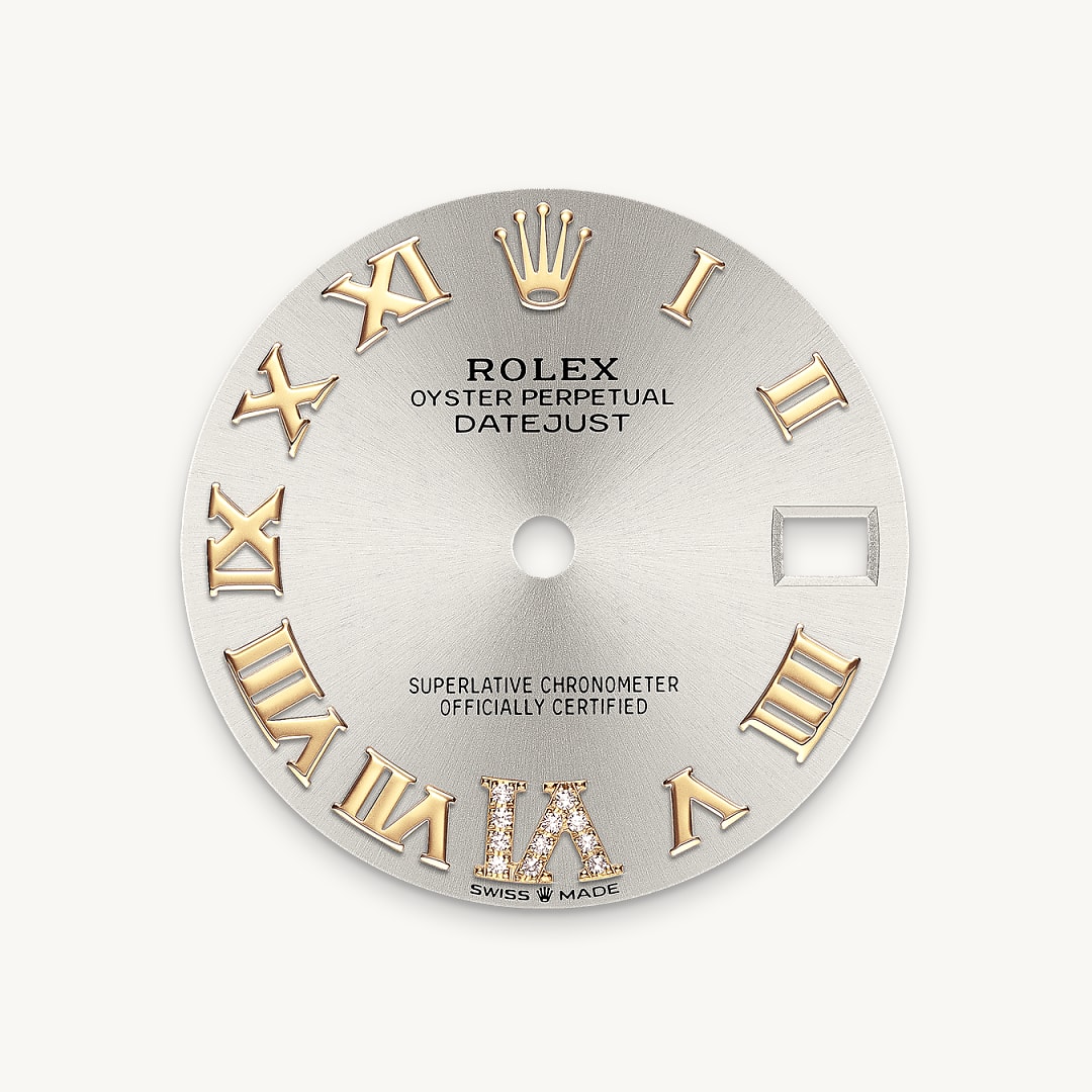This dial features a large VI set with 11 diamonds. The sunray finish creates delicate light reflections on many dials in the Oyster Perpetual collection. It is obtained using masterful brushing techniques that create grooves running outwards from the centre of the dial. Light is diffused consistently along each engraving, creating a characteristic subtle glow that moves depending on the position of the wrist. Once the sunray finish has been completed, the dial colour is applied using Physical Vapour Deposition or electroplating. A light coat of varnish gives the dial its final look.