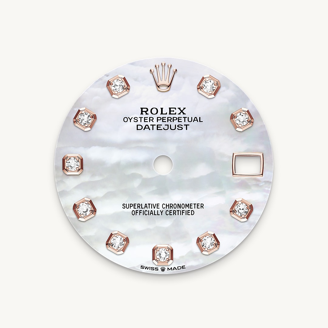 This dial features diamonds in 18 ct gold settings. Mother-of-pearl is by its nature full of mystery and surprises. Depending on its origin, it can be pink, white, black or yellow. It differs in colour, intensity and structure according to the part of the shell from which it is extracted. At Rolex, mother-of-pearl is never artificially coloured. Instead, particular know-how and skill are devoted to simply highlighting its natural beauty and preserving the original hues. As all mother-of-pearl dials are unique pieces, an identical dial will never be found on another wrist.