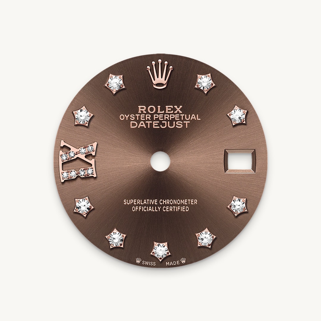 This dial features diamonds in 18 ct gold settings and a Roman IX in 18 ct gold, set with 8 diamonds. The sunray finish creates delicate light reflections on many dials in the Oyster Perpetual collection. It is obtained using masterful brushing techniques that create grooves running outwards from the centre of the dial. Light is diffused consistently along each engraving, creating a characteristic subtle glow that moves depending on the position of the wrist. Once the sunray finish has been completed, the dial colour is applied using Physical Vapour Deposition or electroplating. A light coat of varnish gives the dial its final look.