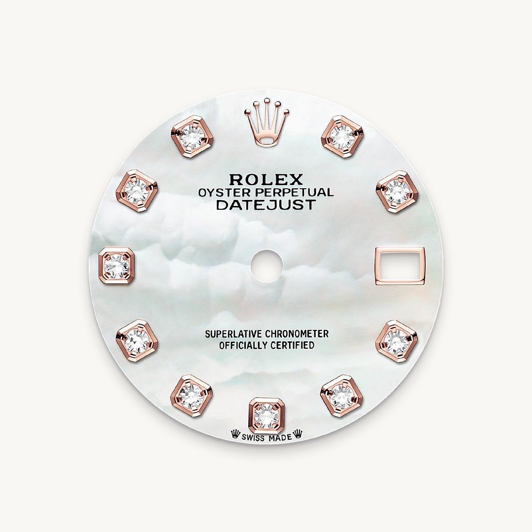 This dial features diamonds in 18 ct gold settings. Mother-of-pearl is by its nature full of mystery and surprises. Depending on its origin, it can be pink, white, black or yellow. It differs in colour, intensity and structure according to the part of the shell from which it is extracted. At Rolex, mother-of-pearl is never artificially coloured. Instead, particular know-how and skill are devoted to simply highlighting its natural beauty and preserving the original hues. As all mother-of-pearl dials are unique pieces, an identical dial will never be found on another wrist.