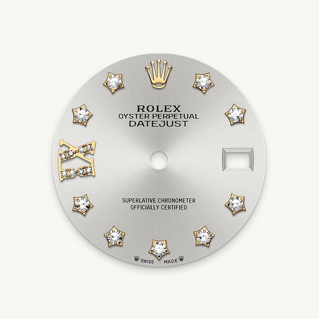 This dial features diamonds in 18 ct gold settings and a Roman IX in 18 ct gold, set with 8 diamonds. The sunray finish creates delicate light reflections on many dials in the Oyster Perpetual collection. It is obtained using masterful brushing techniques that create grooves running outwards from the centre of the dial. Light is diffused consistently along each engraving, creating a characteristic subtle glow that moves depending on the position of the wrist. Once the sunray finish has been completed, the dial colour is applied using Physical Vapour Deposition or electroplating. A light coat of varnish gives the dial its final look.